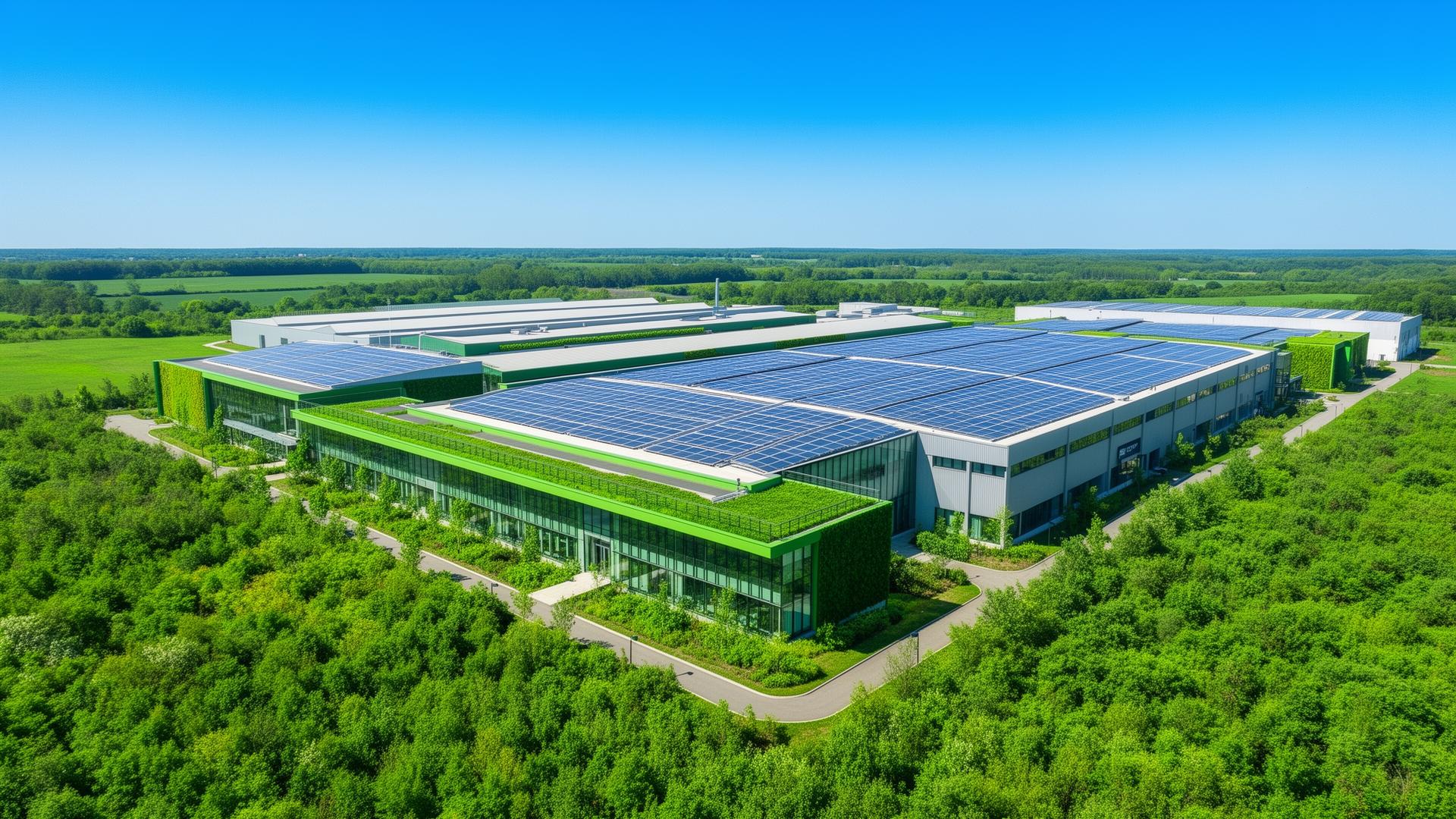 Sustainable green factory with solar panels